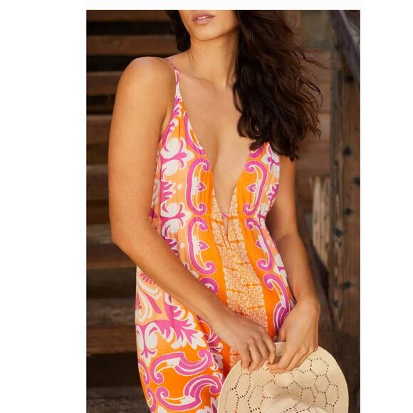 New Anthropologie Abstract Geo Midi Cover-Up Dress $120 SMALL Orange Motif - Picture 6 of 9